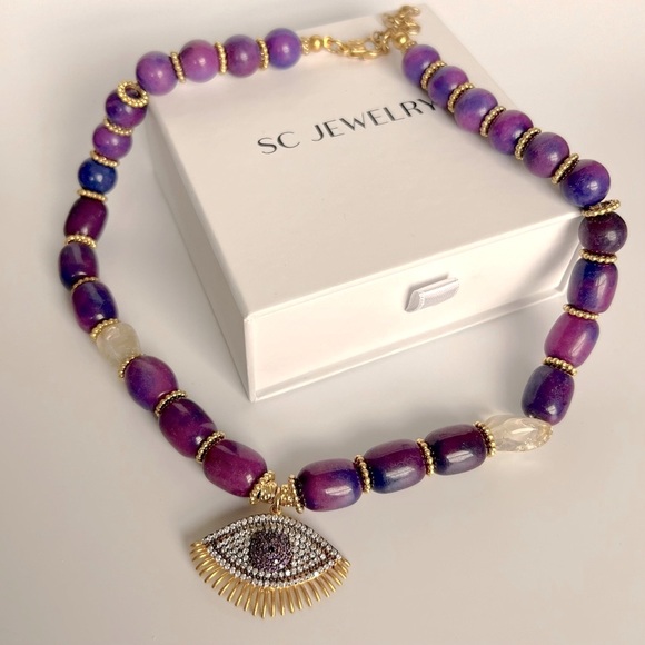 Gemstone Necklace - Natural Agate Stone w/ Purple Evil Eye | Handcrafted Jewelry - Picture 4 of 8